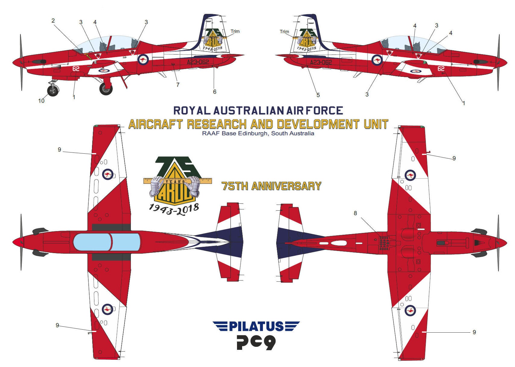 Decals-PC9/A RAAF-7 Schemes Inc ARDU 75th/Roulettes/2FTS/Delivery ...