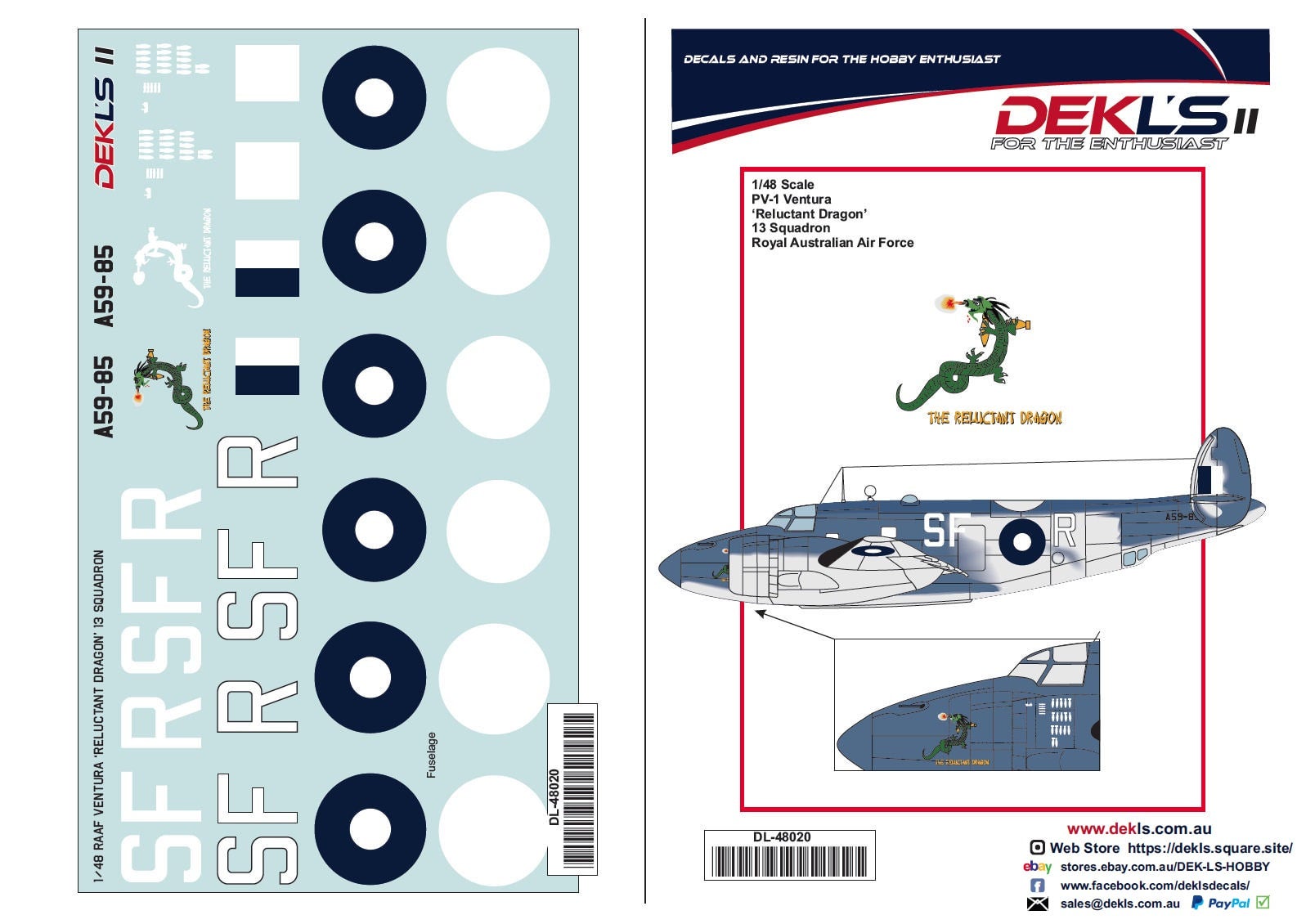 Hi Resolution Raaf Decals Decals - 13 Squadron RAAF PV-1 Reluctant Dragon Scale:1/72, 1/48 | DEKL ...